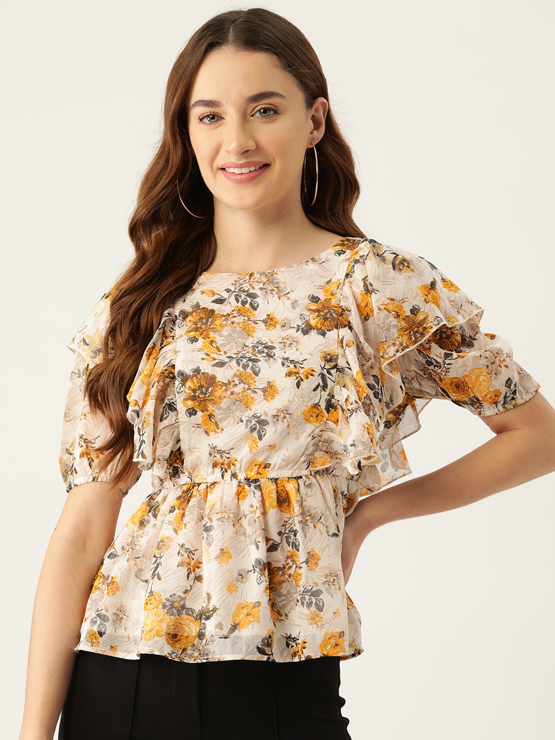 

Slenor Floral Printed Flared Sleeve Crepe Peplum Top, Multi