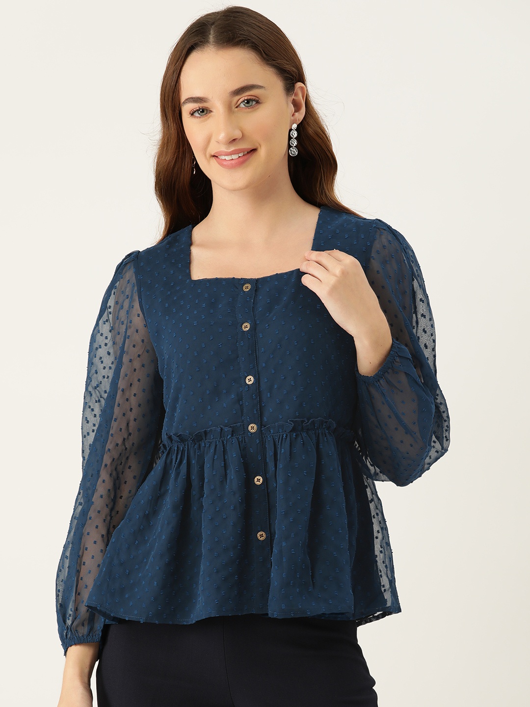 

Slenor Self Design Puff Sleeve Georgette Peplum Top, Blue