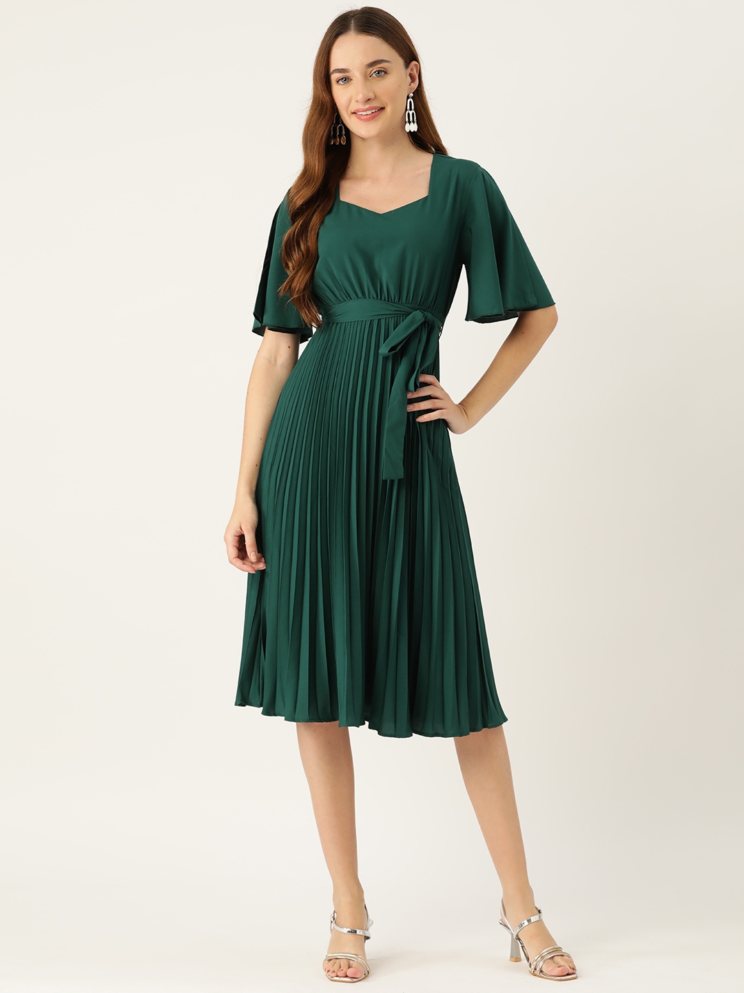 

Slenor Flared Sleeve Tie-Ups Crepe A-Line Dress, Teal
