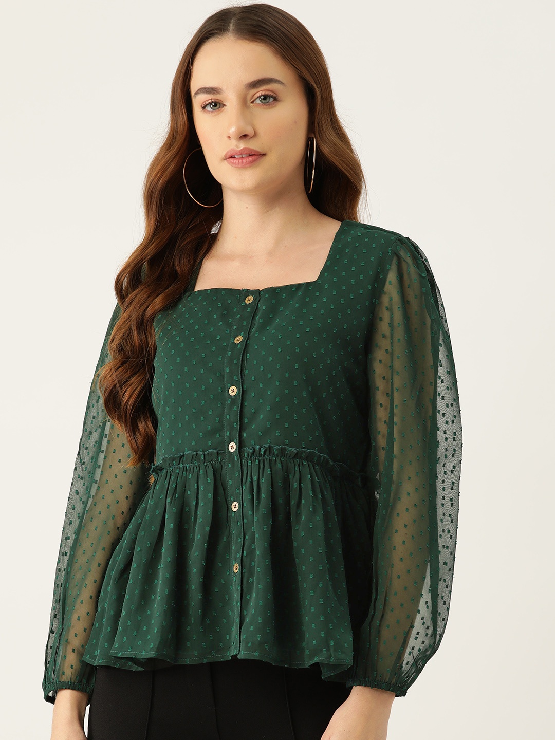 

Slenor Self Design Puff Sleeve Georgette Peplum Top, Green