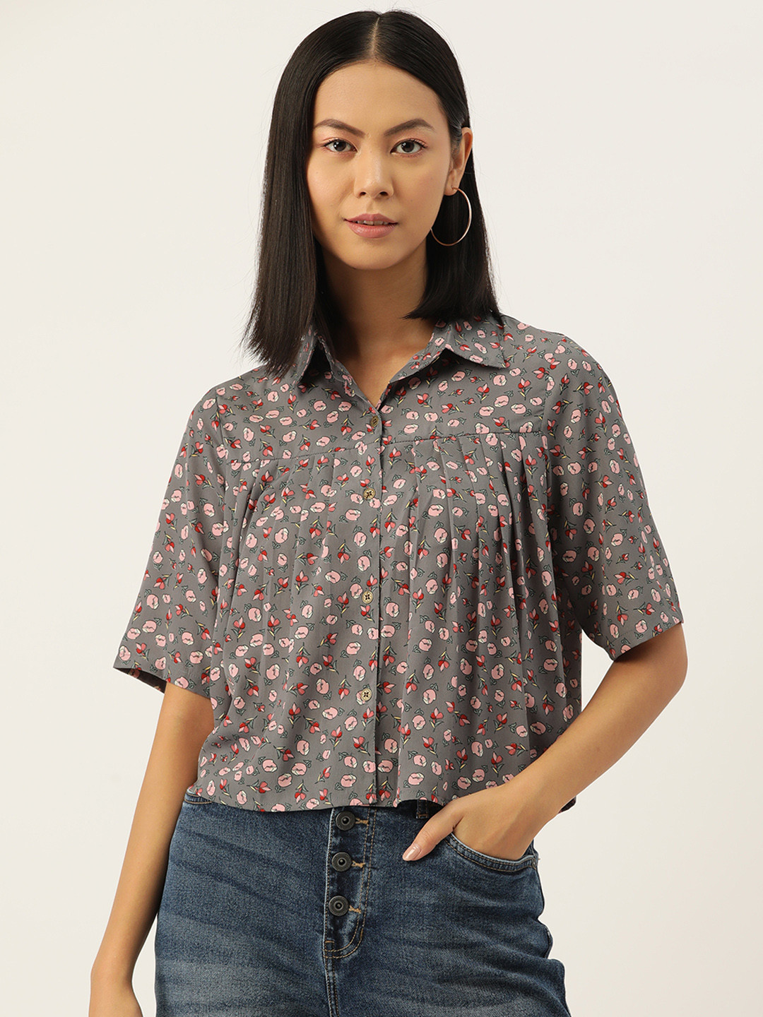 

Slenor Women Classic Floral Printed Opaque Casual Shirt, Grey