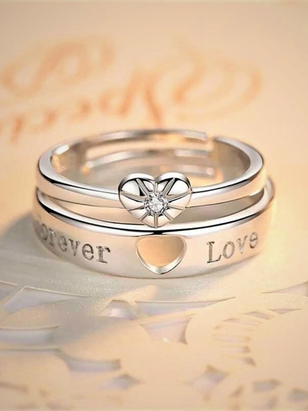 

MEENAZ Set of 2 Silver-Plated Crystal-Studded Heart Couple Adjustable Finger Rings