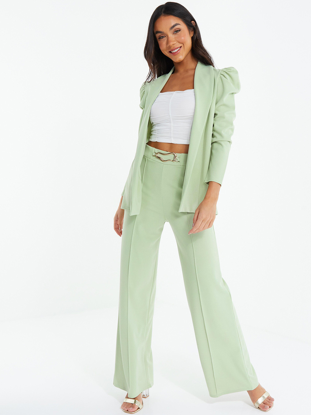 

QUIZ Puff Sleeves Longline Front Open Jacket, Green