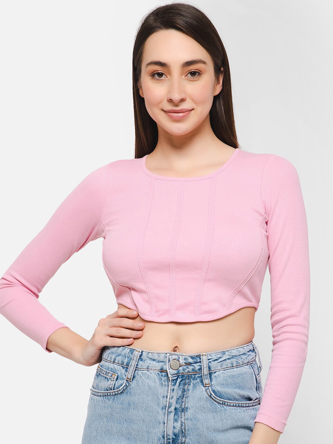 

Clovia Pink Round Neck Cotton Crop Corset Top