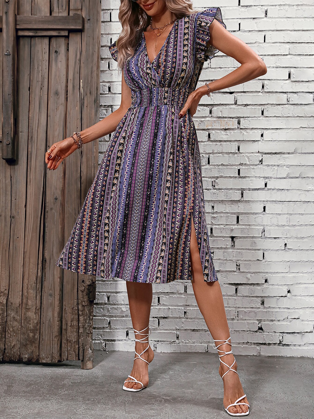 

StyleCast Purple & Black Ethnic Motifs Printed Smocked A-Line Dress