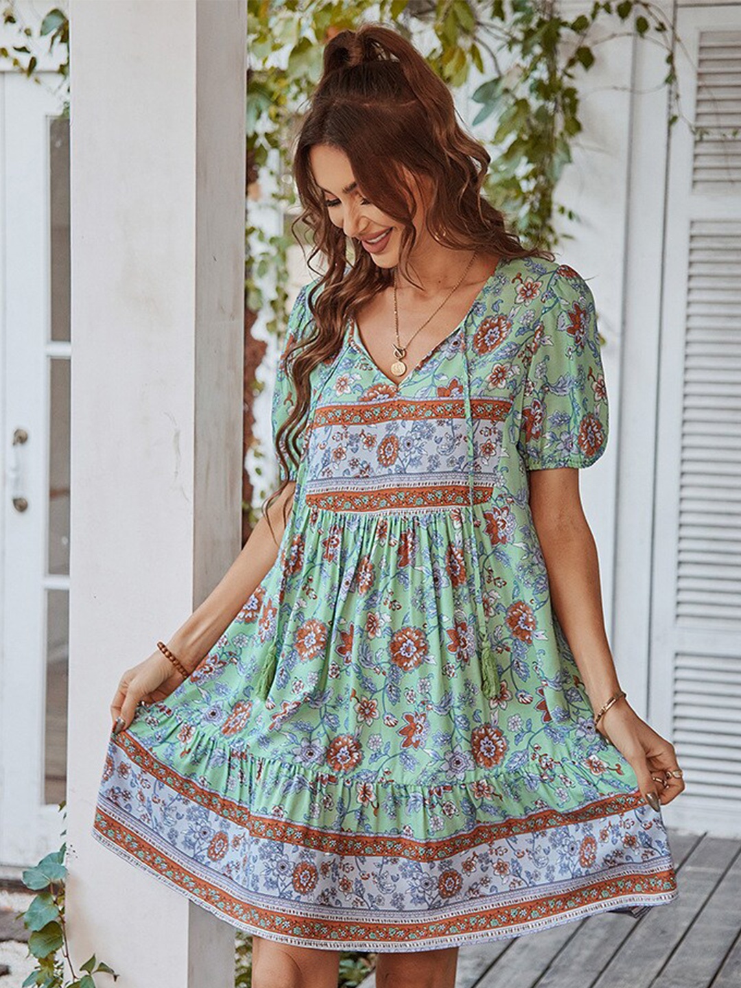 

BoStreet Green & Brown Floral Printed Tie-up Neck A-Line Dress