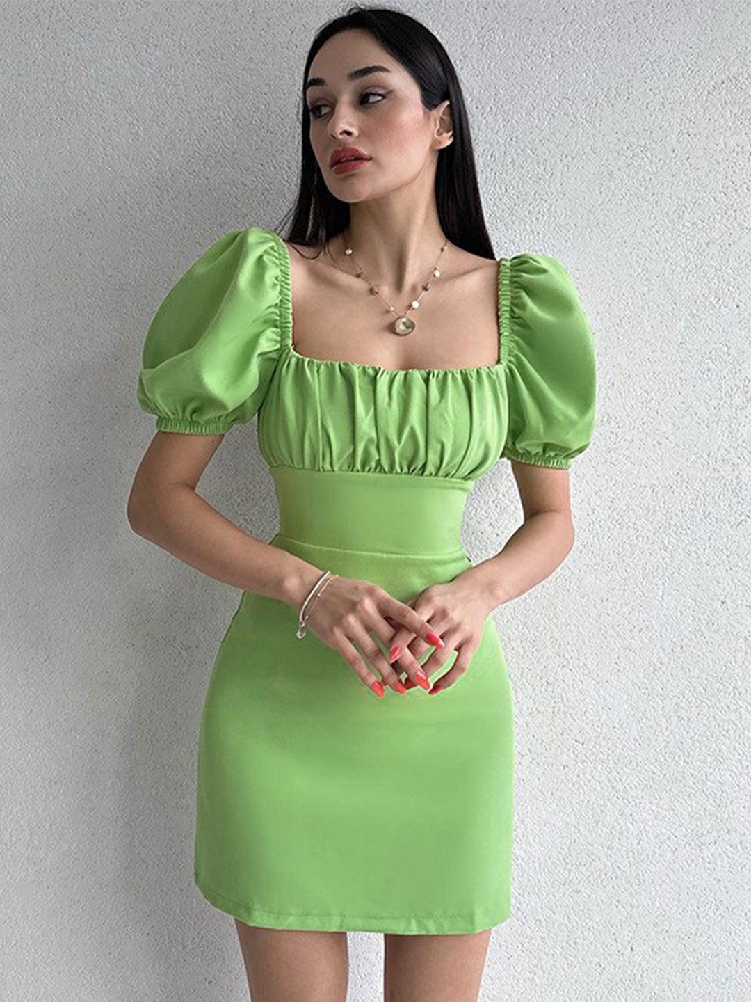 

BoStreet Green Square Neck Puff Sleeves Bodycon Mini Dress