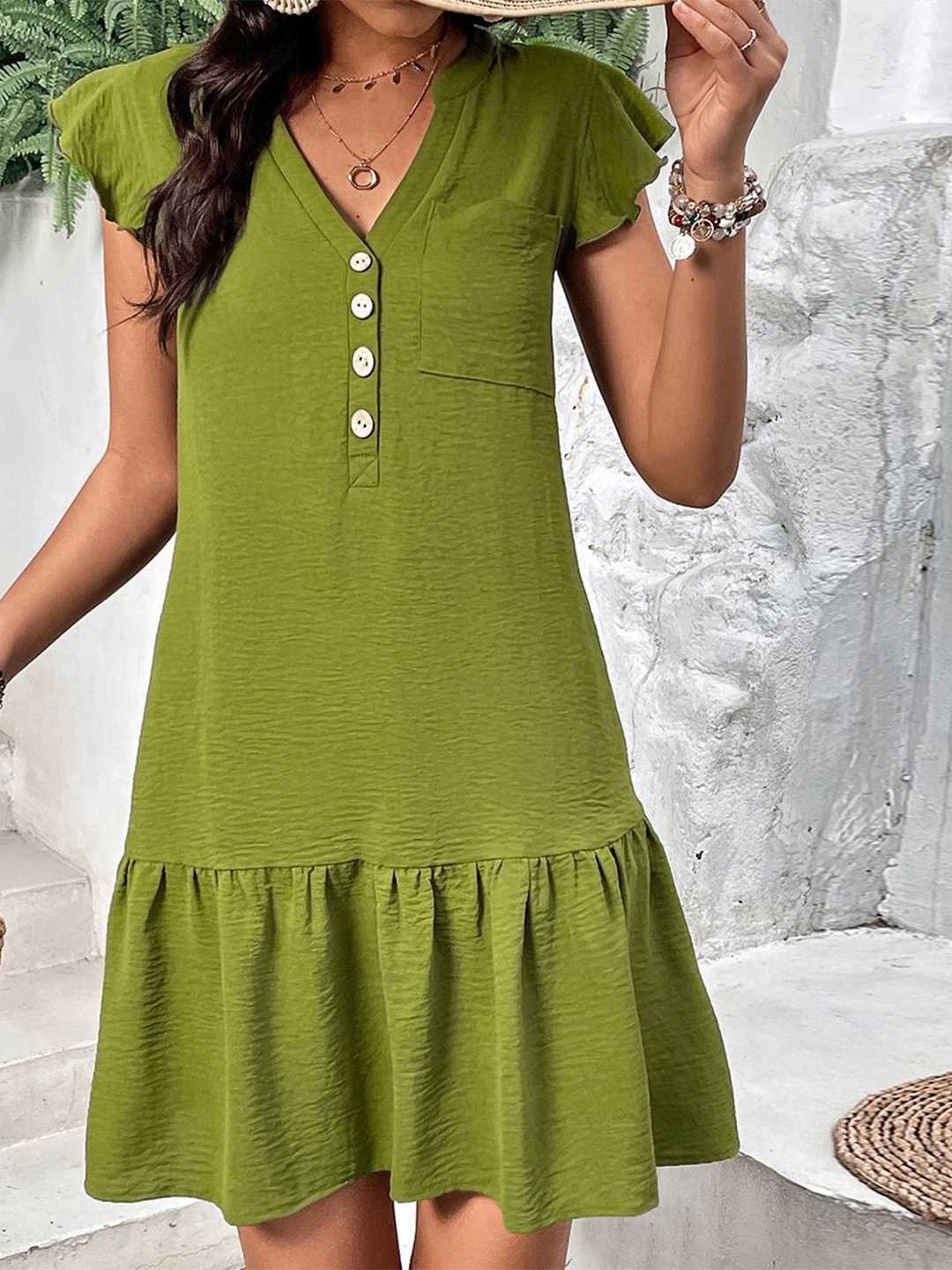 

StyleCast V-Neck Flared Sleeve Flounce Hem Midi Dress, Green