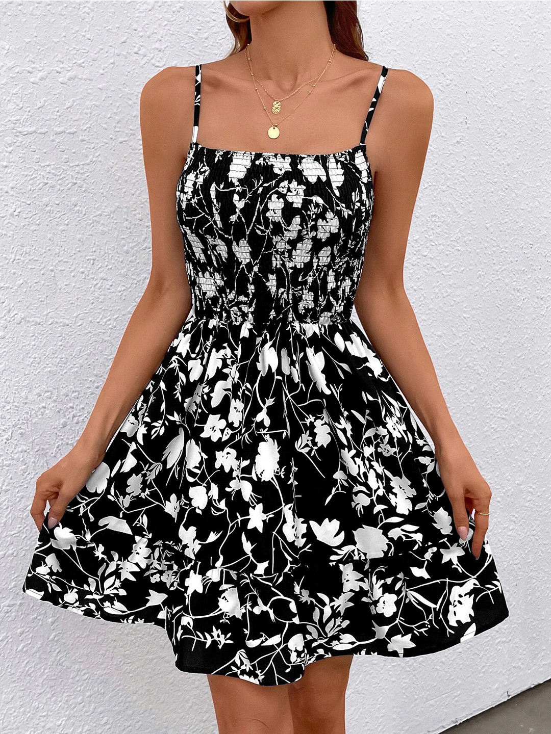 

BoStreet Floral Printed Shoulder Straps Smocked Fit & Flare Dress, Black