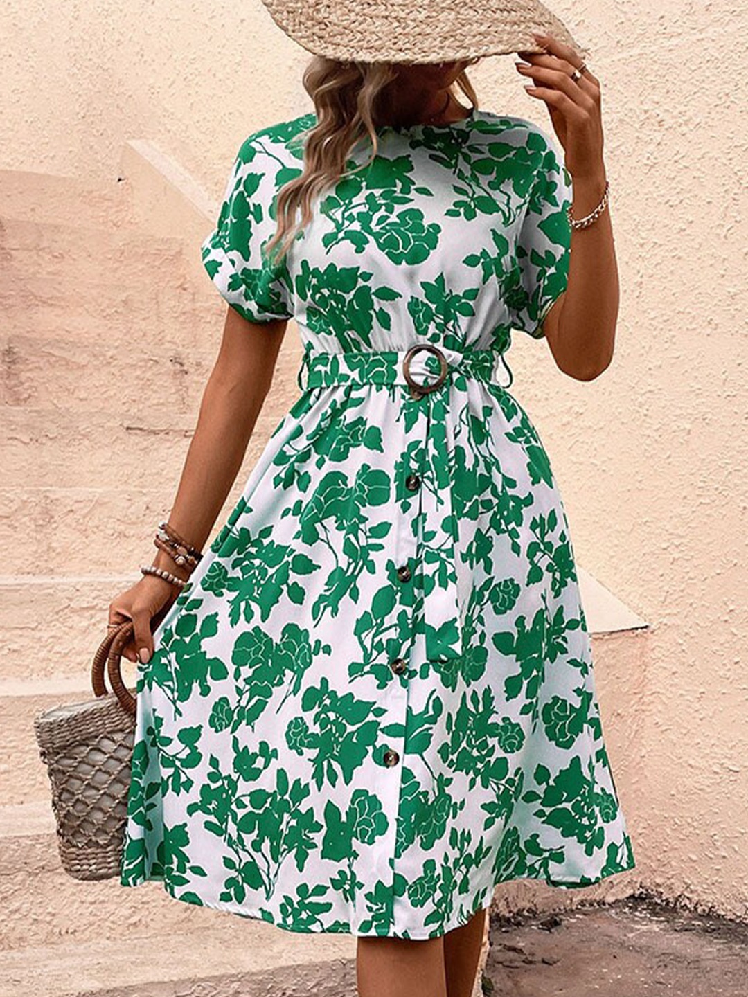 

BoStreet Green Floral Print Fit & Flare Midi Dress