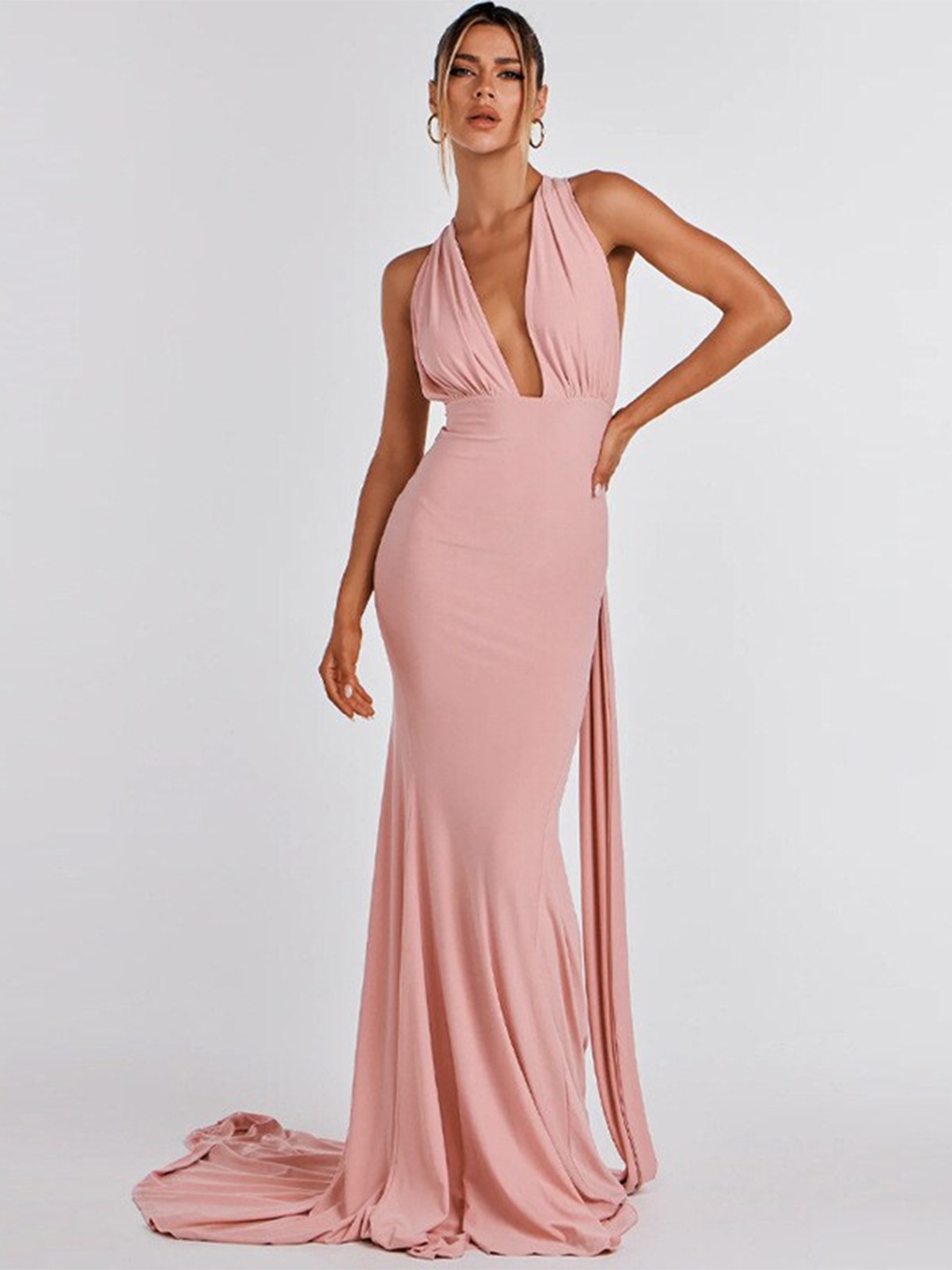 

BoStreet Pink Halter Neck Cut Out Maxi Dress