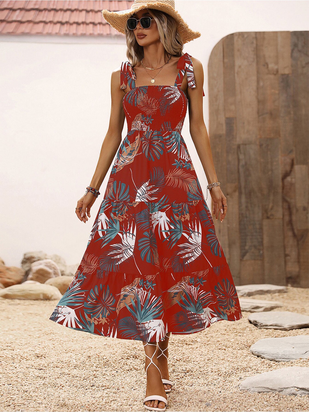 

StyleCast Maroon Floral Printed Shoulder Straps Fit & Flare Dress