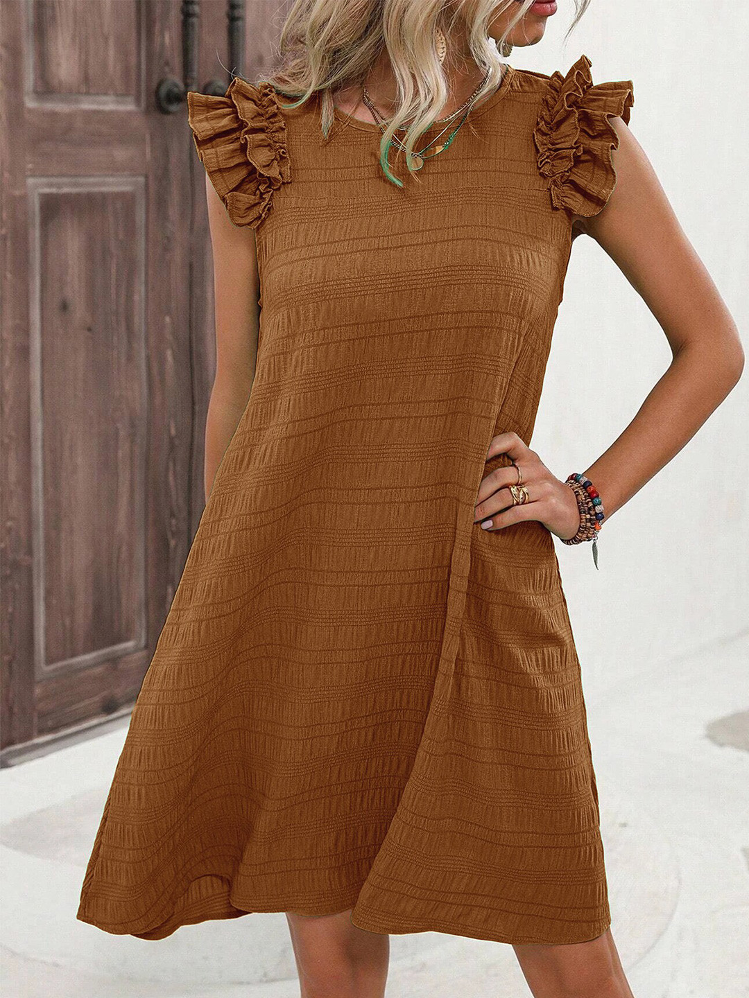 

BoStreet Brown Self Design Flutter Sleeves A-Line Dress