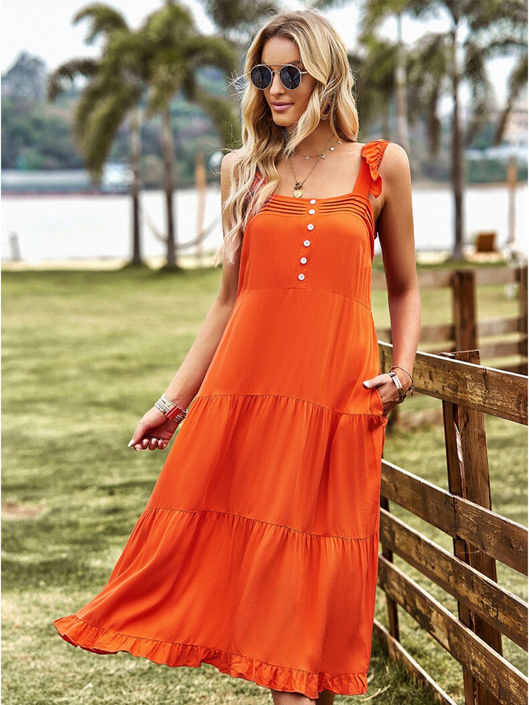 

BoStreet Shoulder Straps Tiered A-Line Midi Dress, Orange