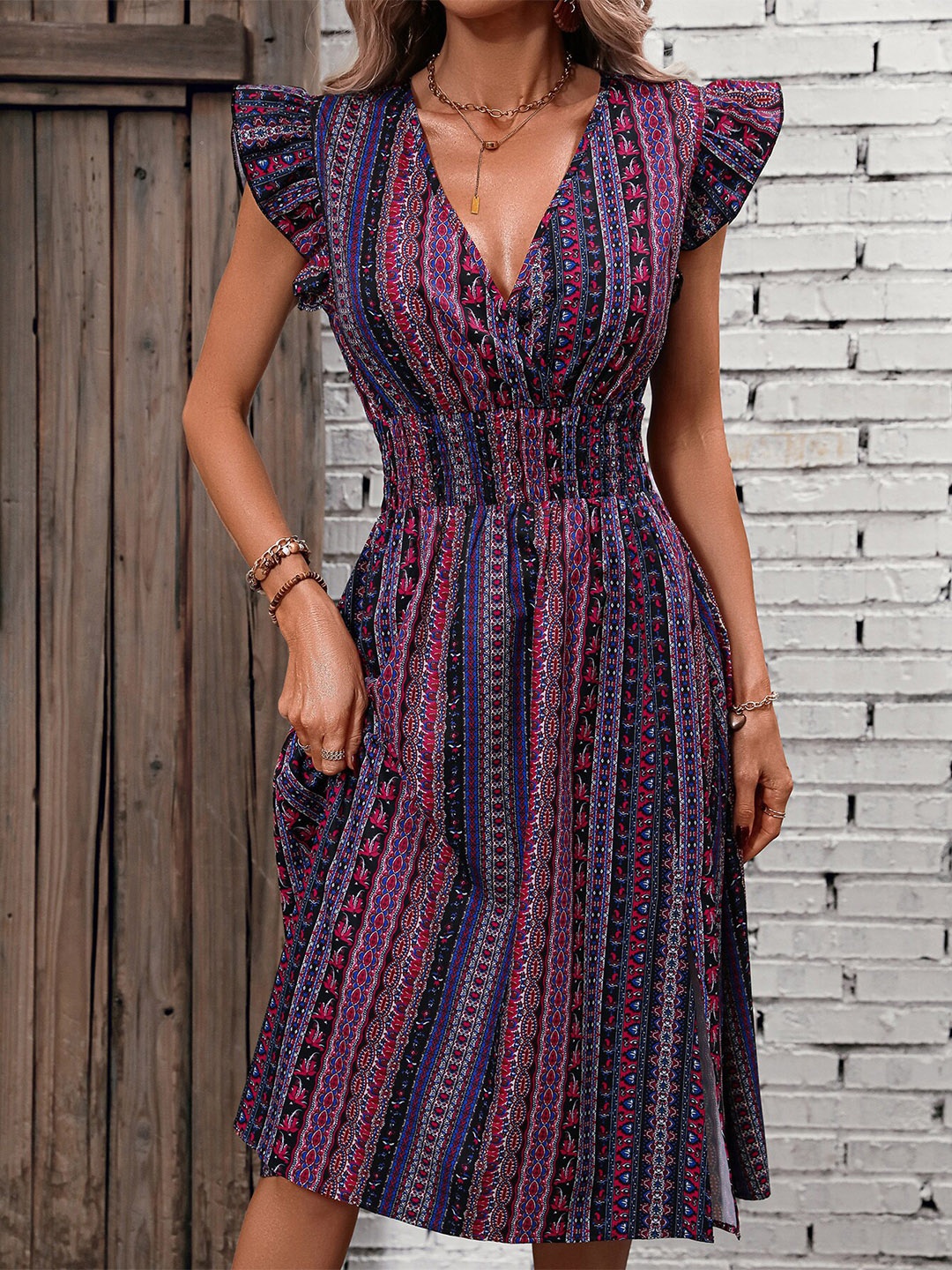 

BoStreet Purple V-Neck Variegated Striped Flutter Sleeve Fit & Flare Dress