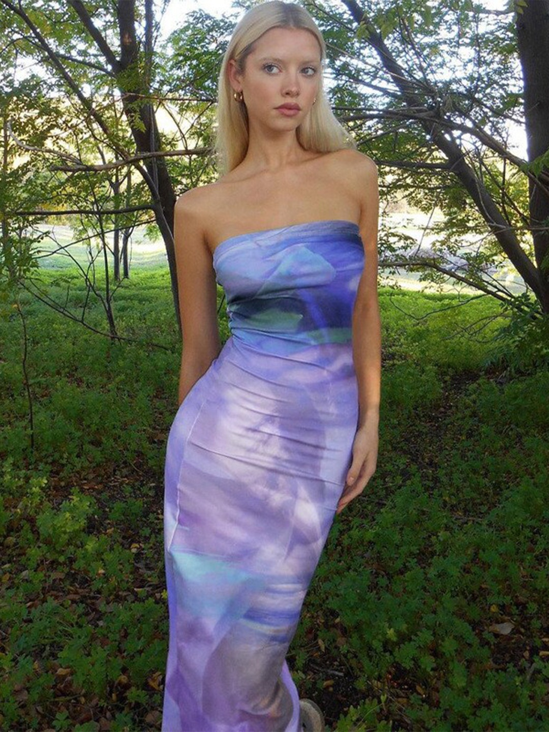 

BoStreet Blue & Lavender Printed Bodycon Midi Dress