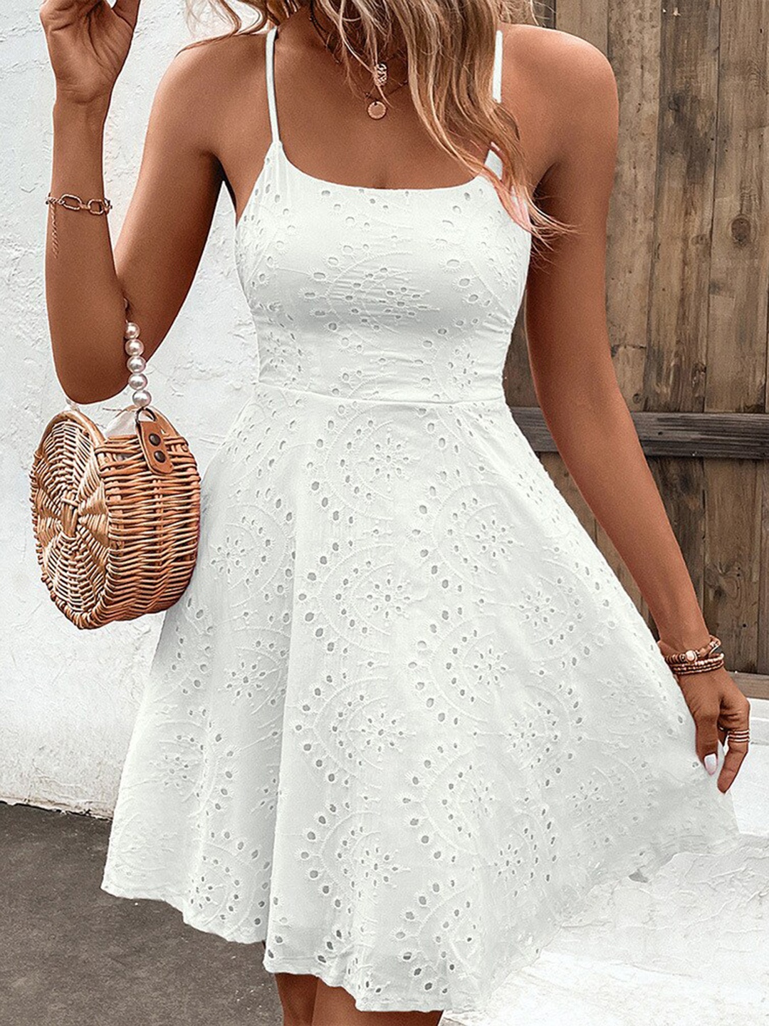 

BoStreet White Self Designed Shoulder Straps Fit & Flare Dress