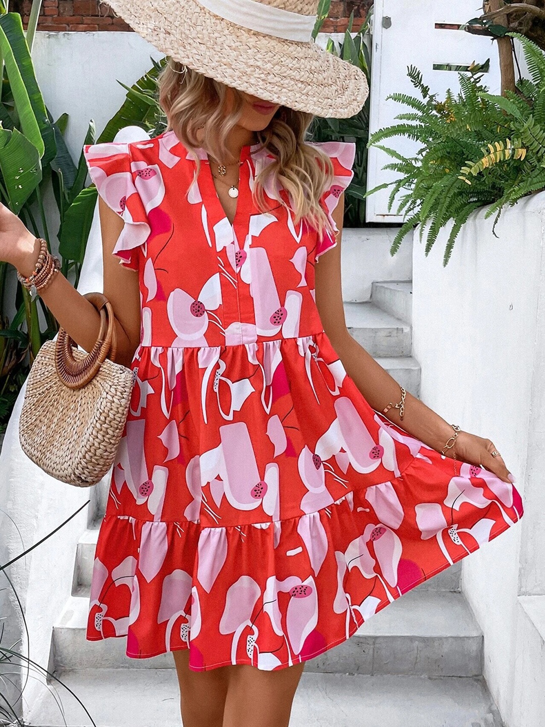 

StyleCast Red Floral Printed Flutter Sleeve Fit & Flare Dress