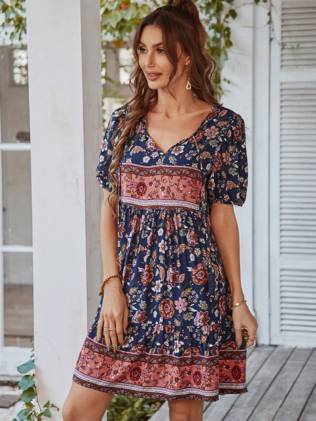 

BoStreet Navy Blue Floral Printed Fit & Flare Dress