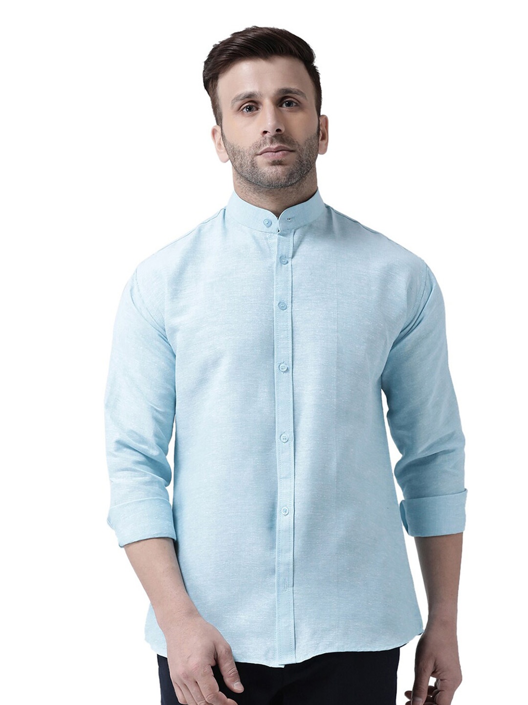 

RIAG Long Sleeves Band Collar Casual Cotton Shirt, Blue