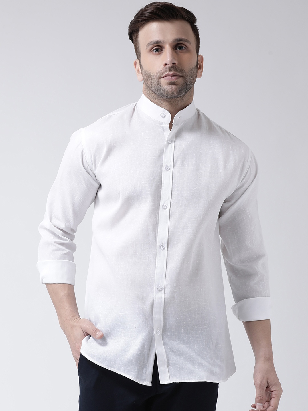 

RIAG Band Collar Opaque Casual Cotton Shirt, White