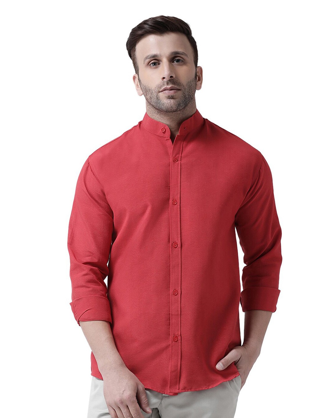 

RIAG Mandarin Collar Cotton Casual Shirt, Red