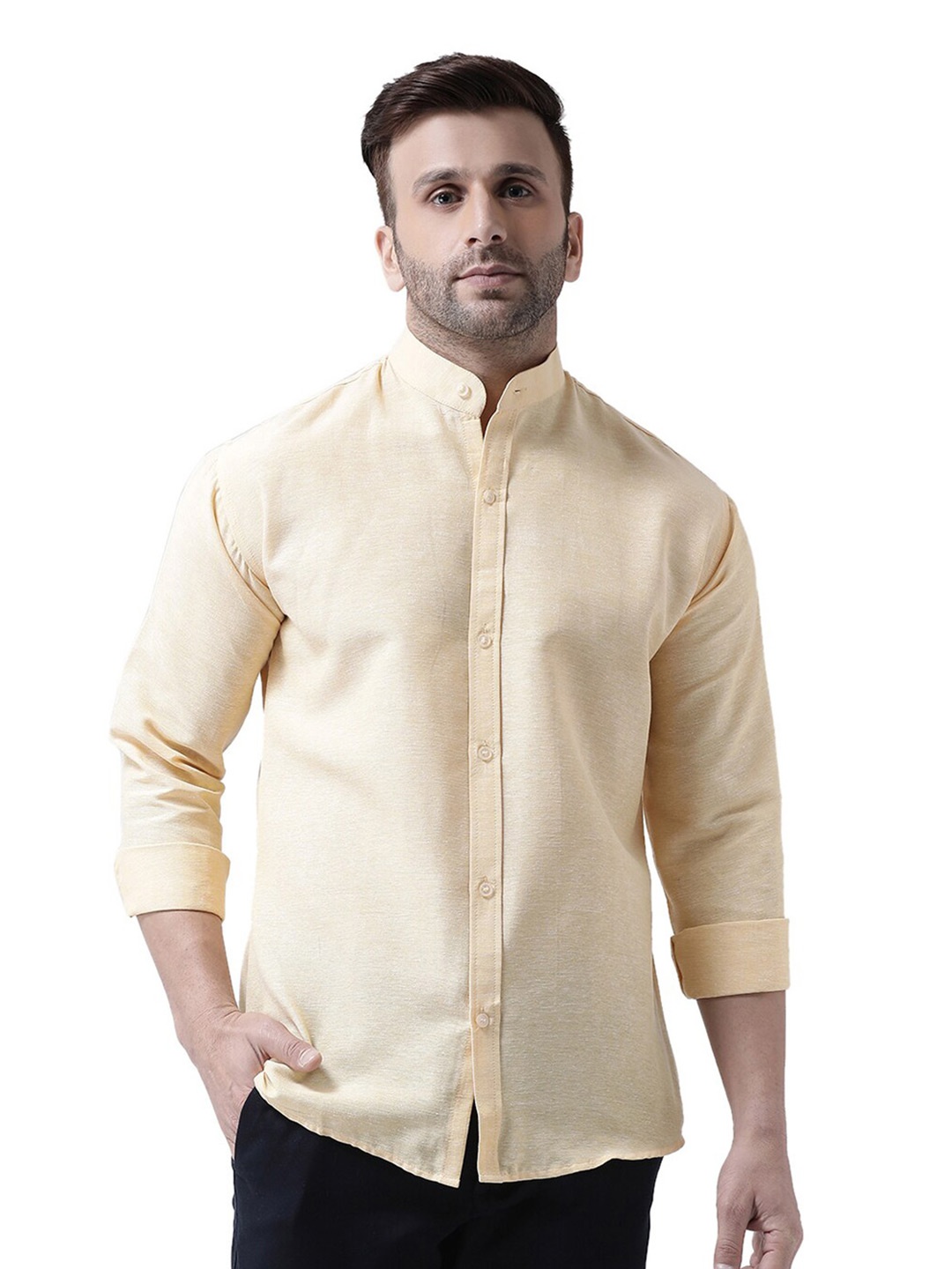 

RIAG Band Collar Opaque Casual Cotton Shirt, Beige