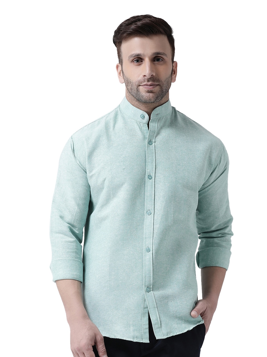 

RIAG Woven Mandarin Collar Cotton Casual Shirt, Green
