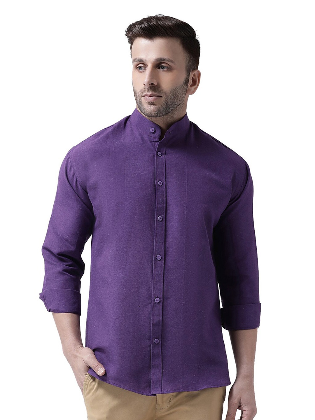 

RIAG Mandarin Collar Cotton Casual Shirt, Purple