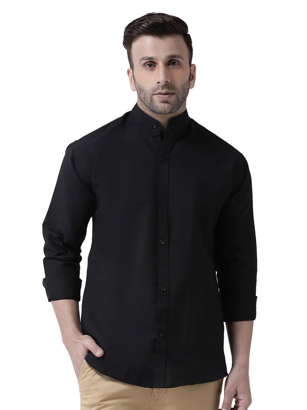 

RIAG Mandarin Collar Cotton Casual Shirt, Black