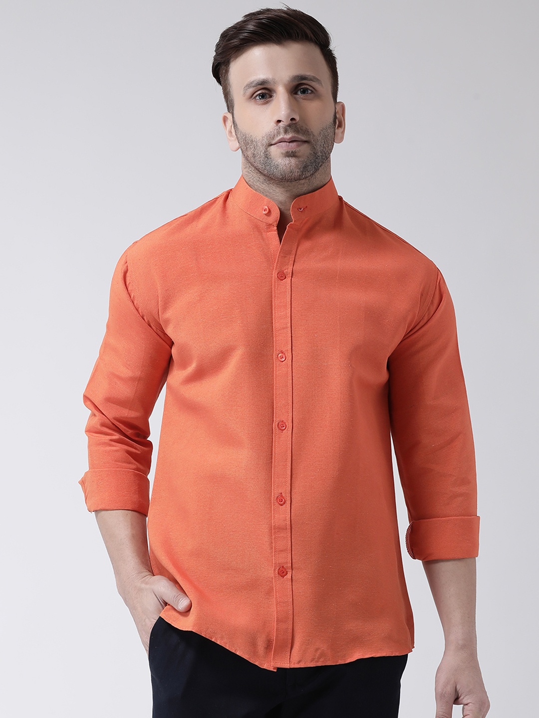 

RIAG Mandarin Collar Cotton Casual Shirt, Orange