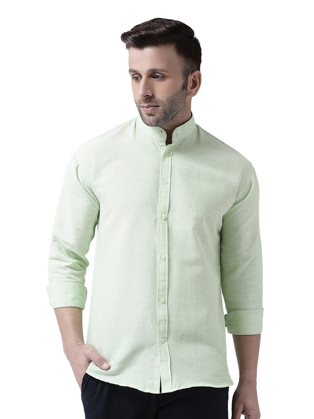 

RIAG Long Sleeves Band Collar Casual Cotton Shirt, Green