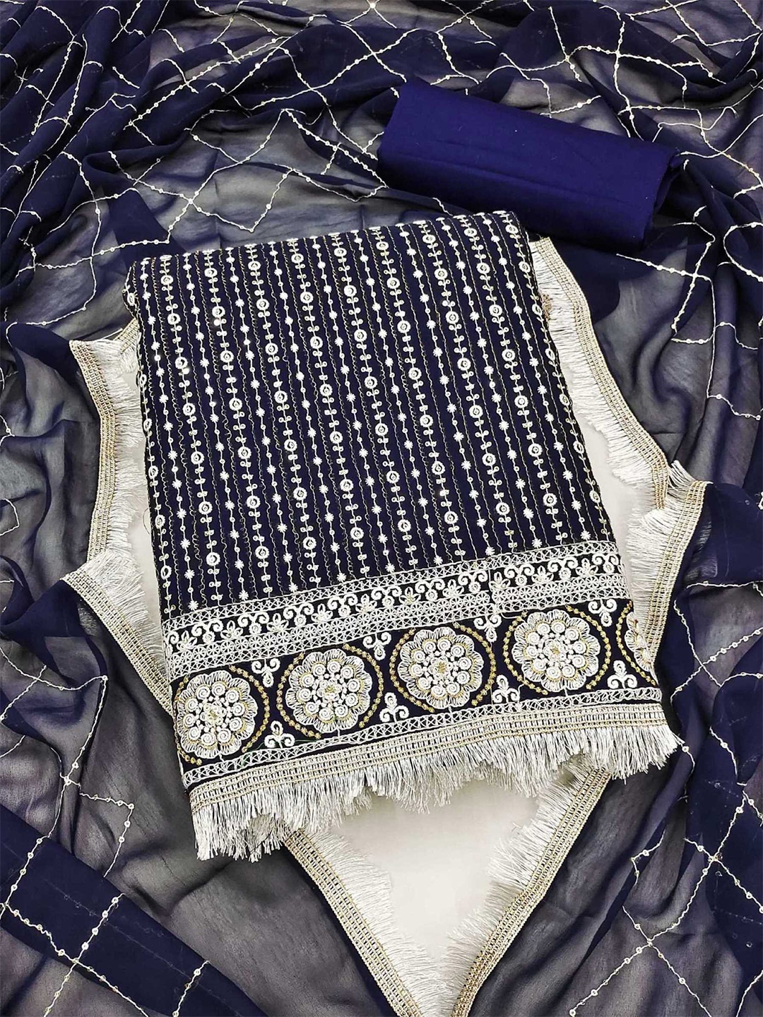 

KALINI Embellished Embroidered Unstitched Dress Material, Navy blue