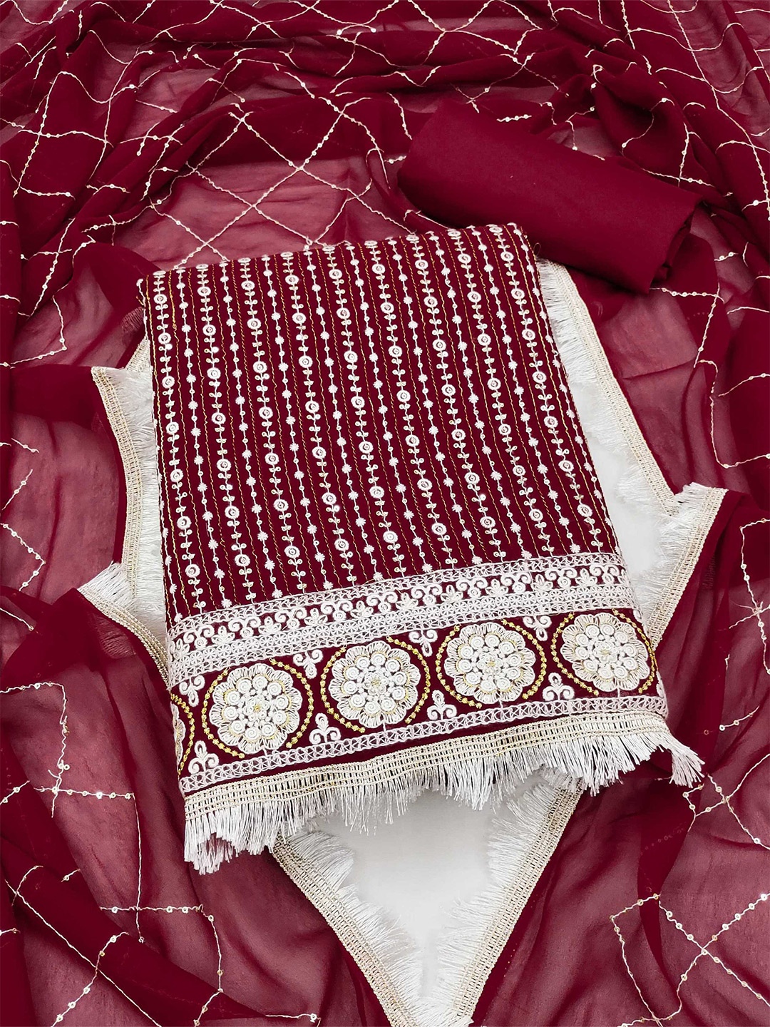 

KALINI Embellished Embroidered Unstitched Dress Material, Maroon
