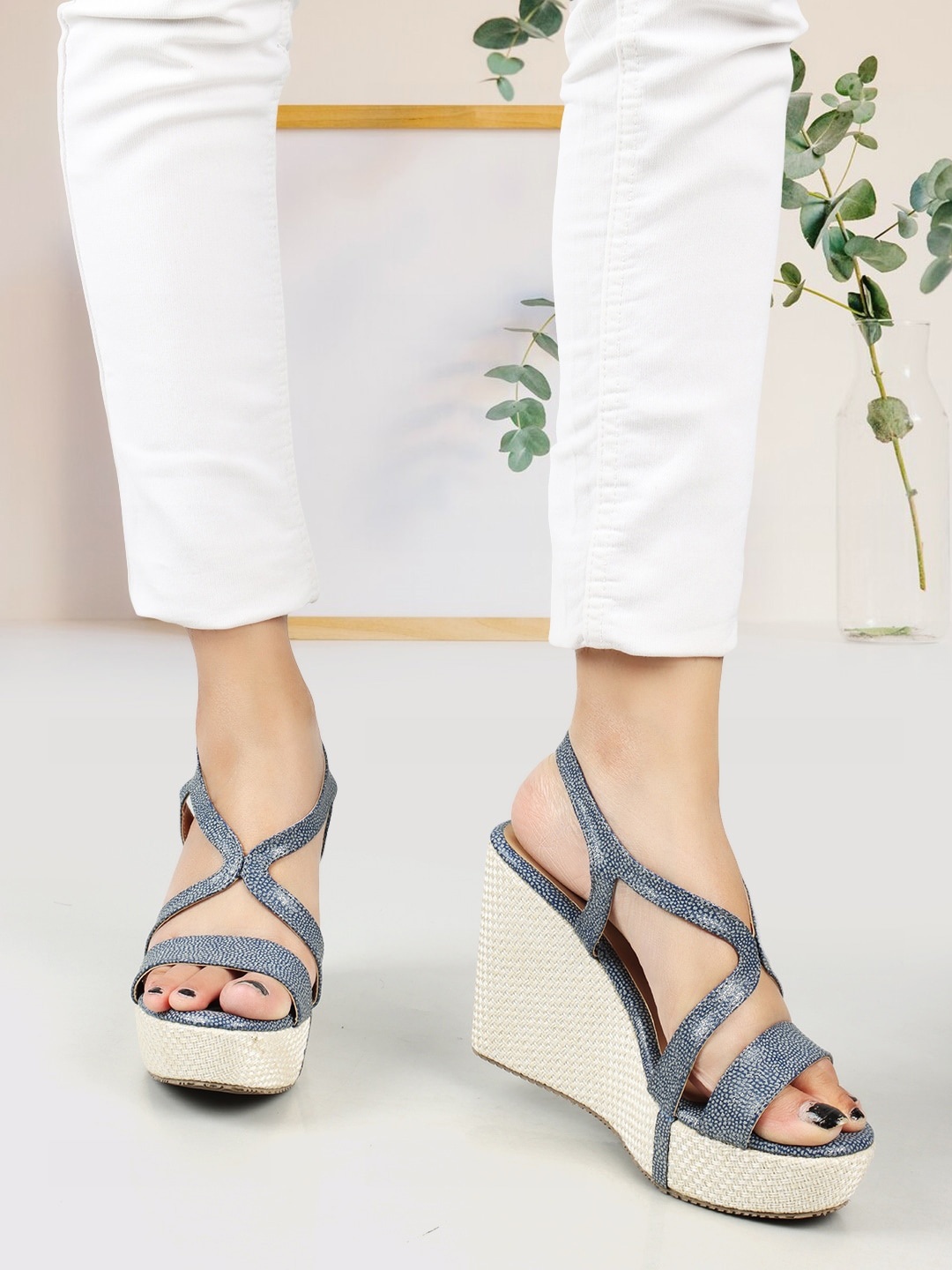 

ICONICS Printed Open Toe Wedge Heels, Navy blue