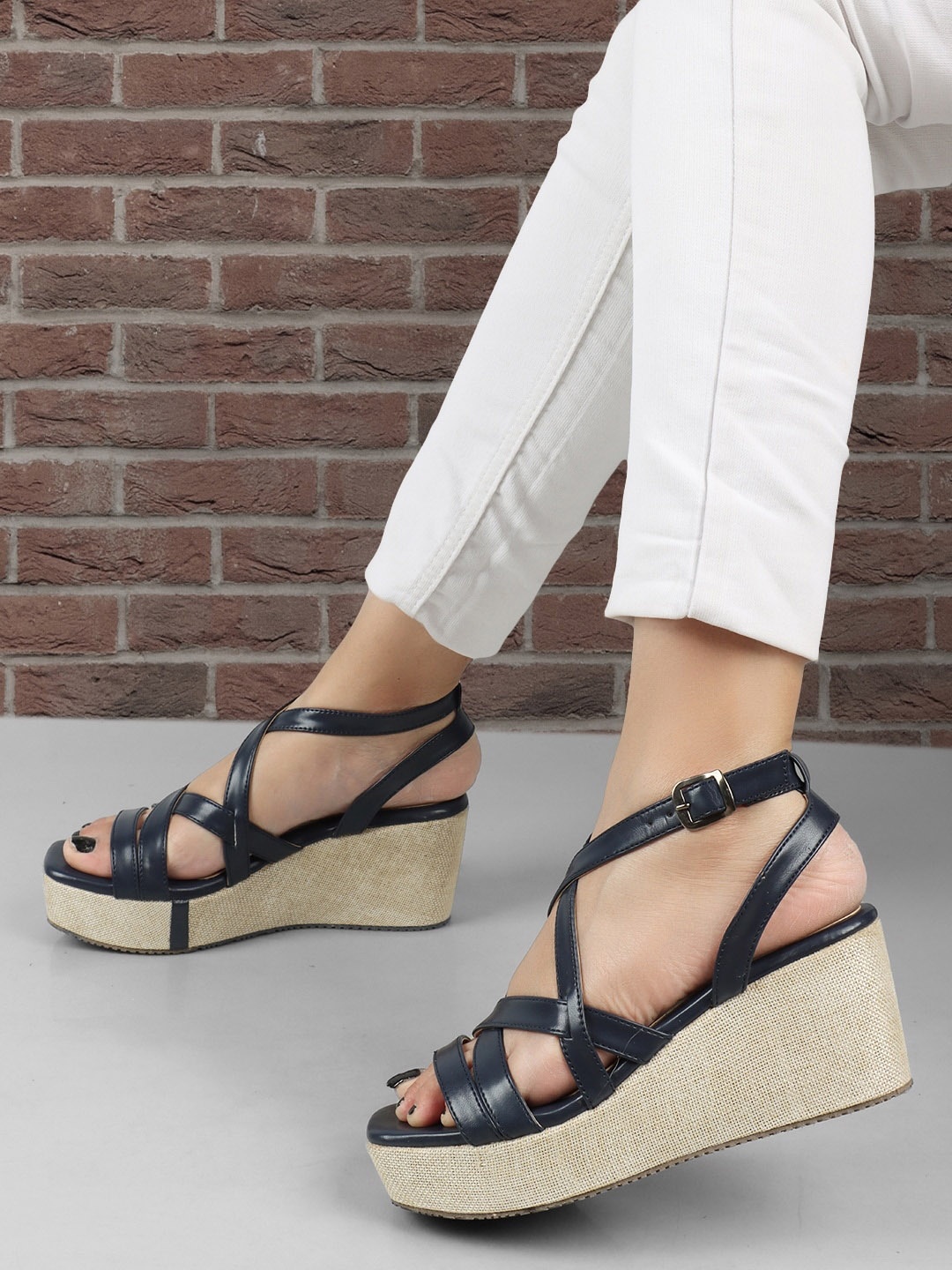 

ICONICS Strappy Open Toe Wedge Heels, Navy blue