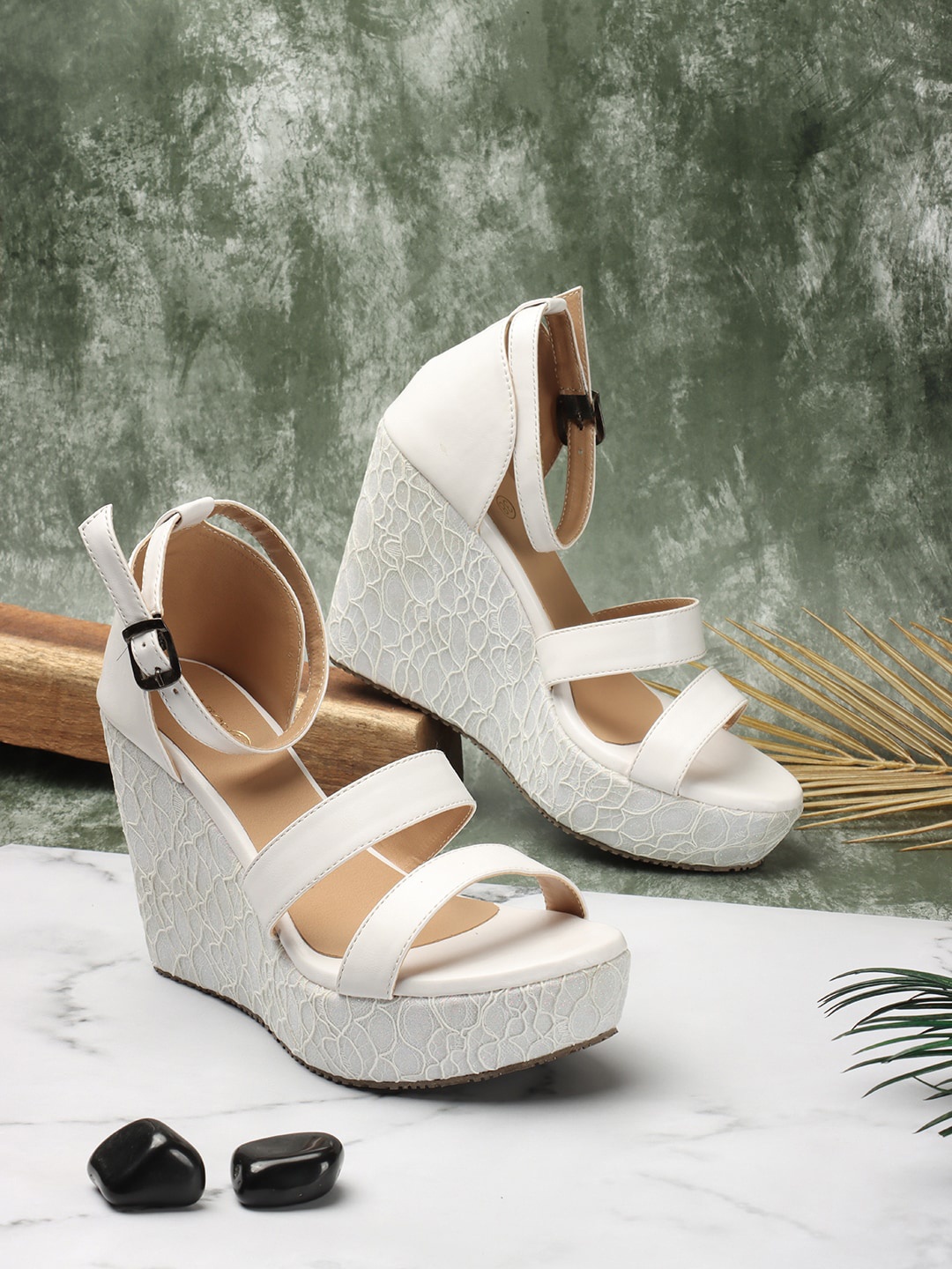 

ICONICS Double Strap Open Toe Wedge Heels, White