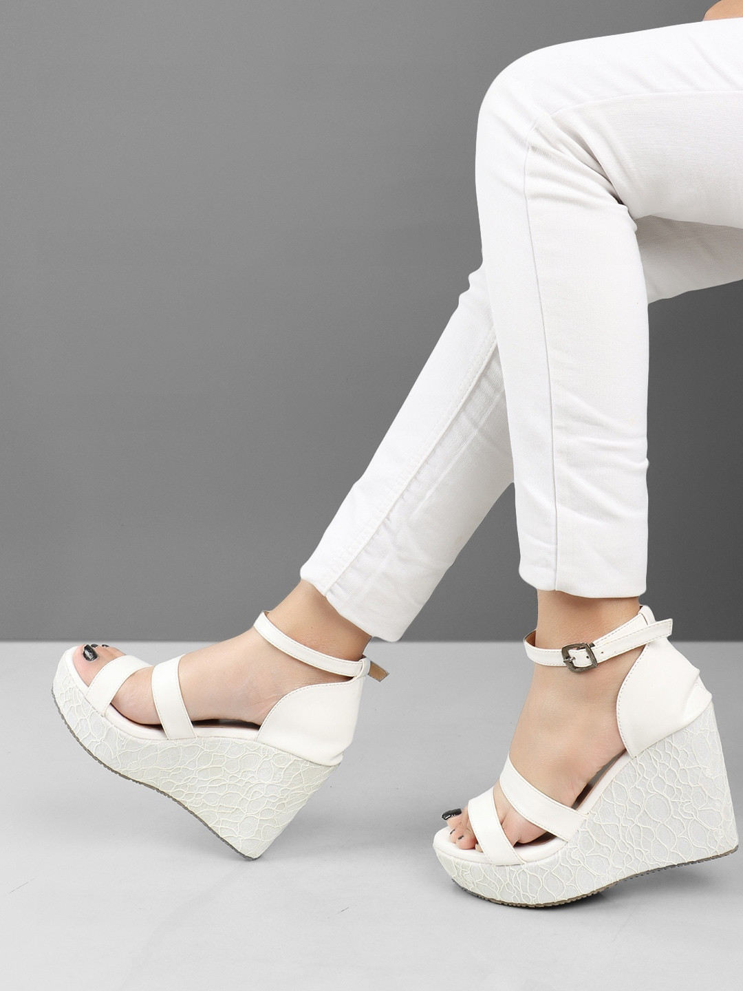 

ICONICS Double Strap Open Toe Wedge Heels, White