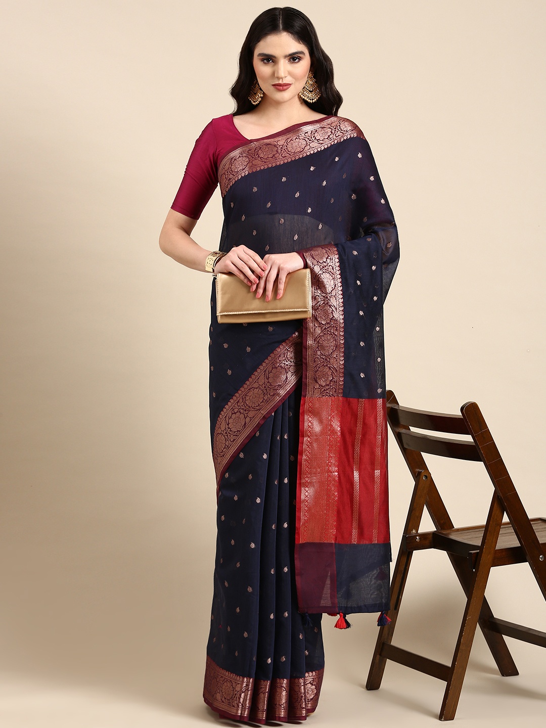 

Rani Saahiba Ethnic Motifs Woven Design Zari Banarasi Saree, Navy blue