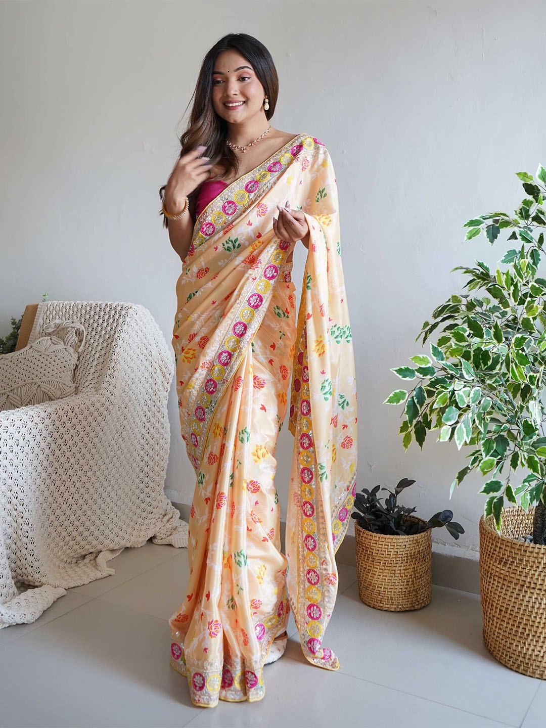 

Mitera Peach-Coloured & Magenta Floral Printed Embroidered Saree