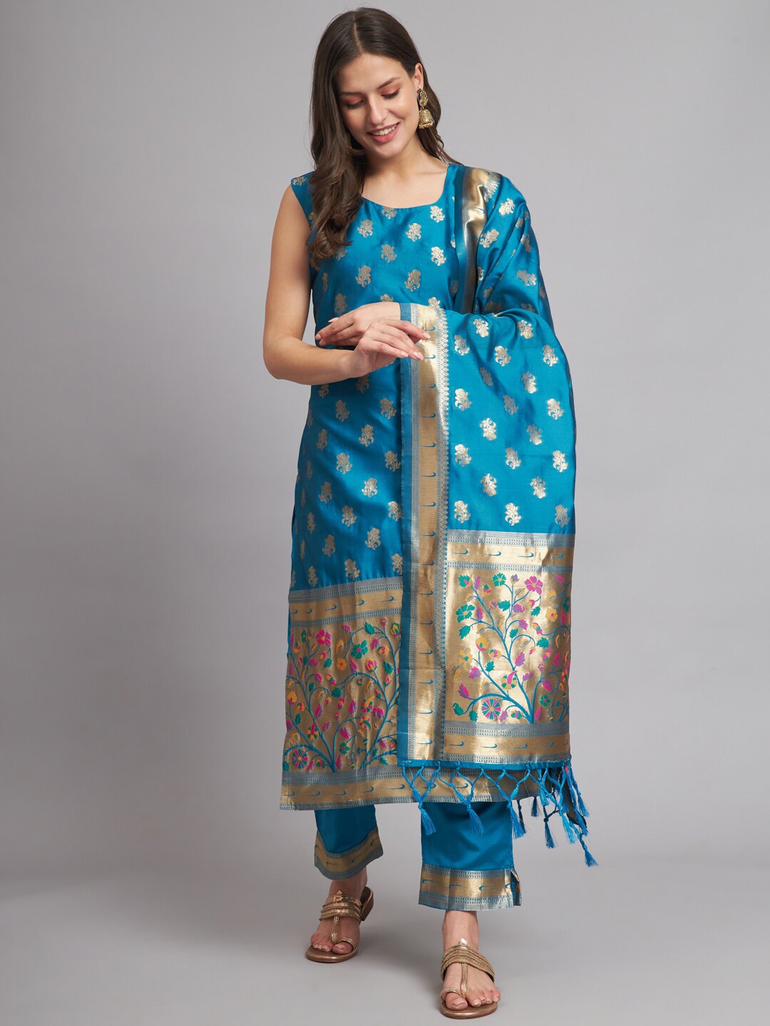 

KALINI Floral Woven Designed Regular Kurta with Trousers & Dupatta, Blue