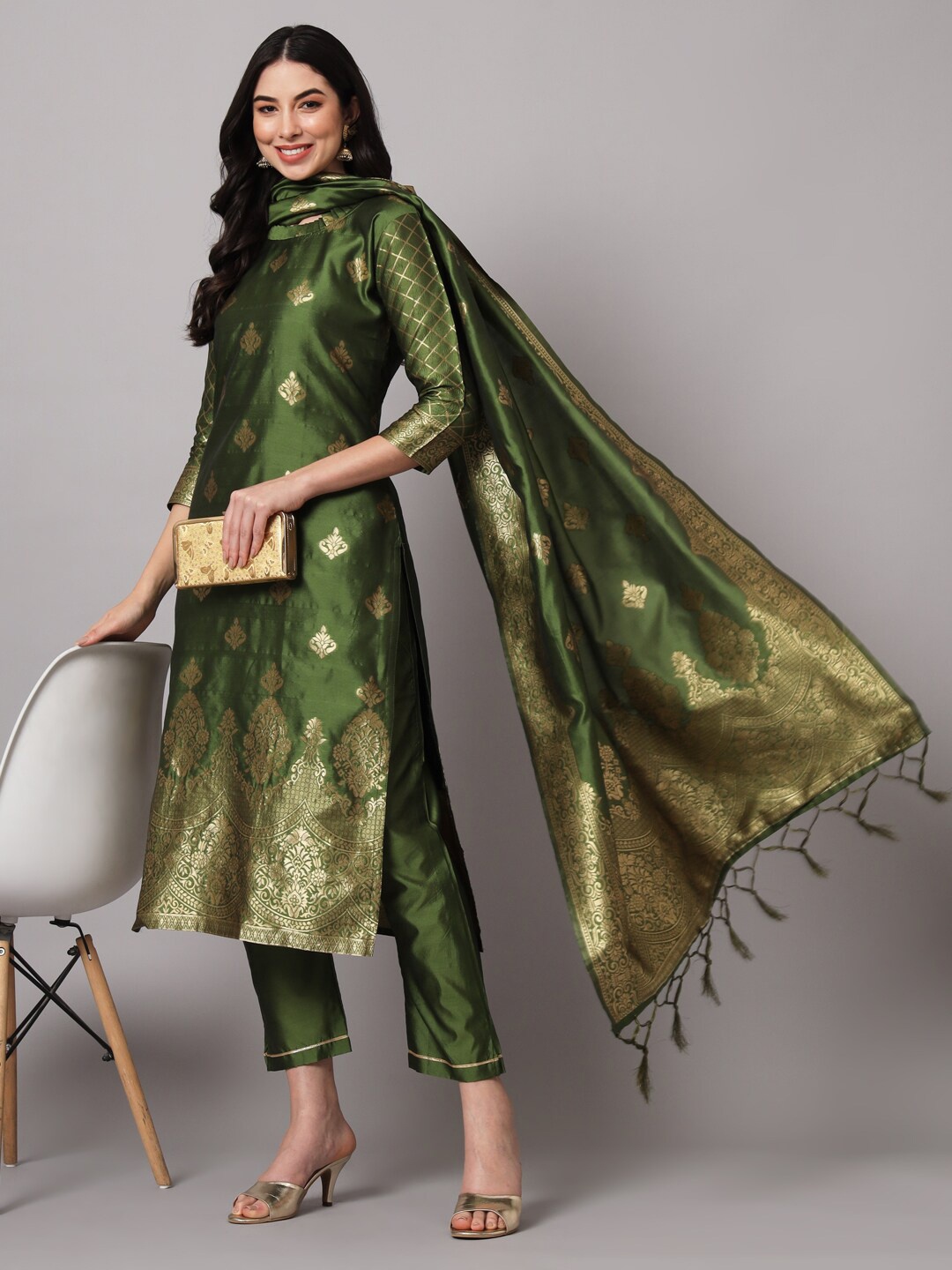 

KALINI Ethnic Motifs Printed Woven Designed Regular Kurta with Trousers & Dupatta, Green