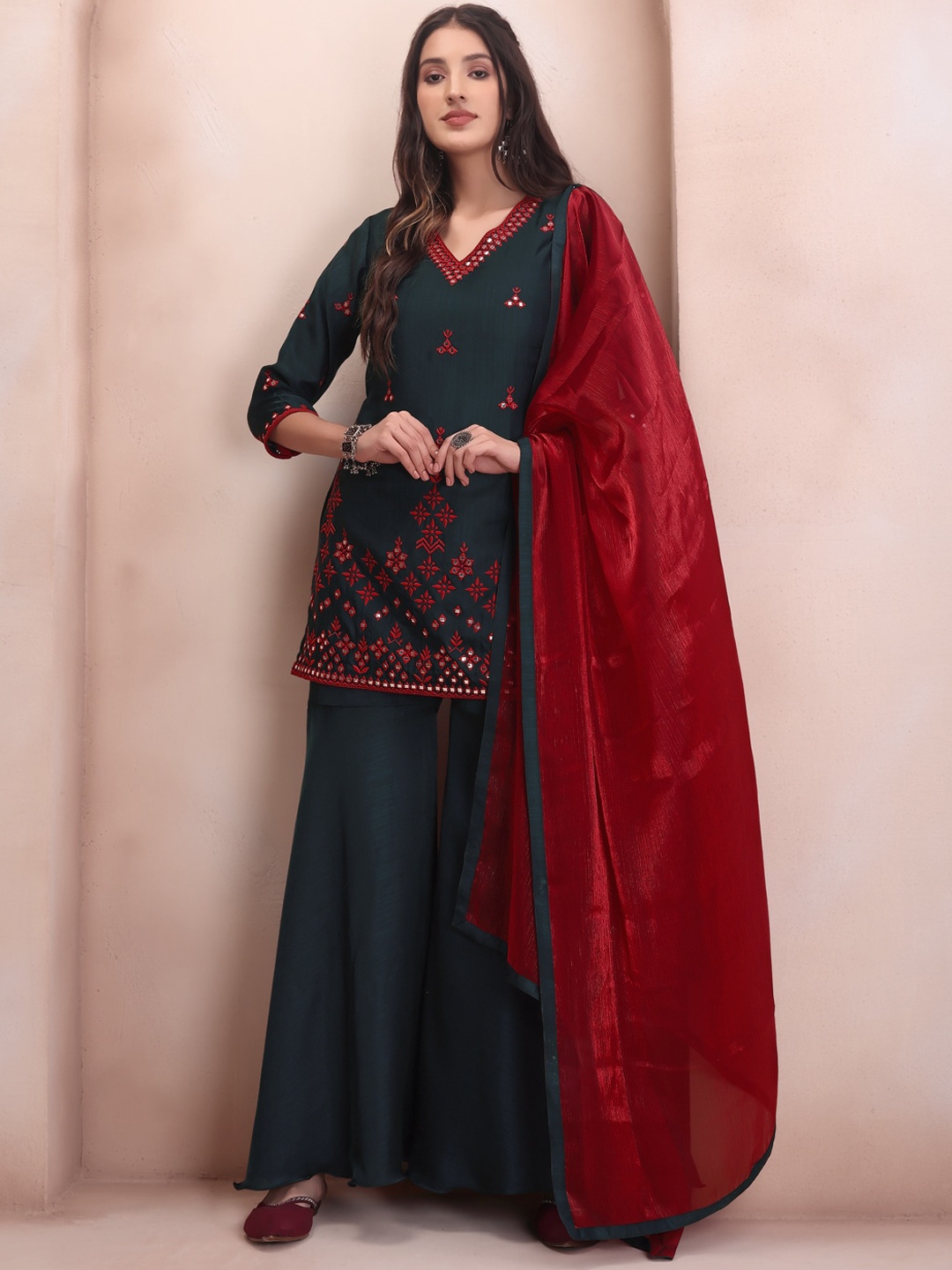 

Inddus Embroidered Regular Mirror Work Kurta & Sharara With Dupatta, Teal