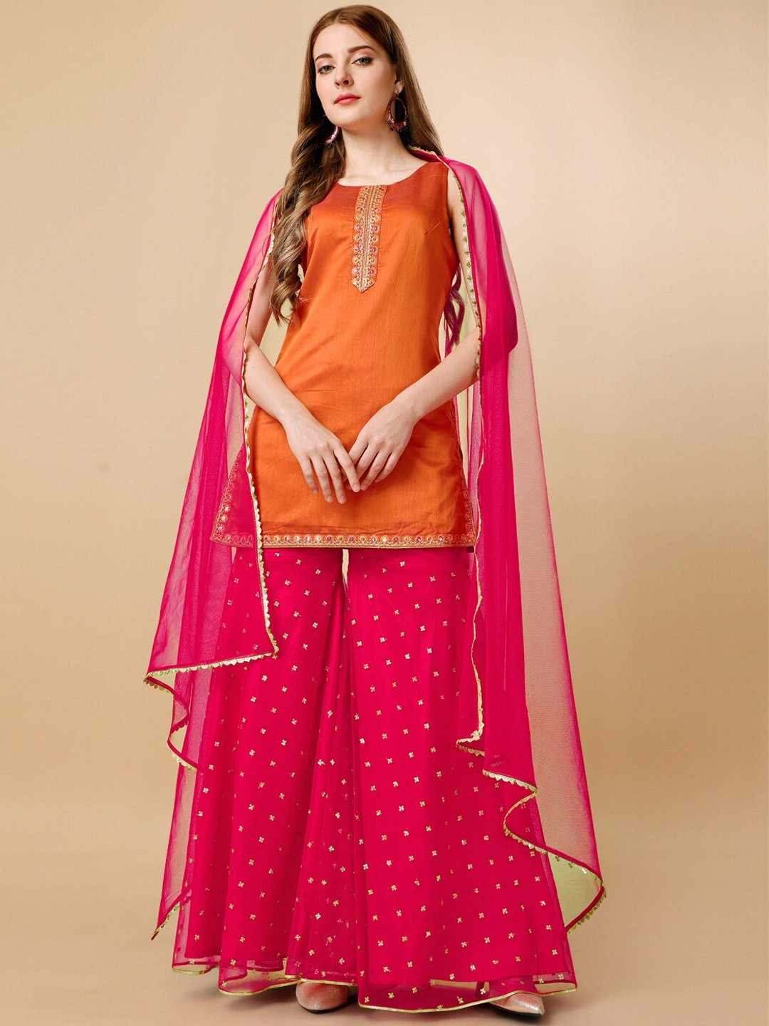 

Inddus Orange Sequinned Chanderi Cotton Kurta & Sharara With Dupatta