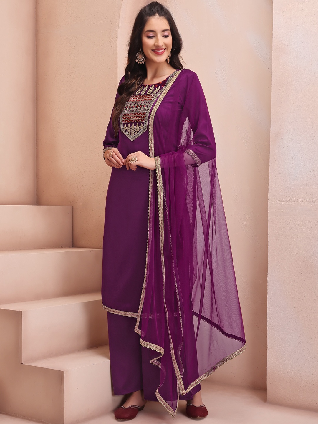 

Inddus Floral Embroidered Zari Regular Kurta with Palazzos & Dupatta, Purple