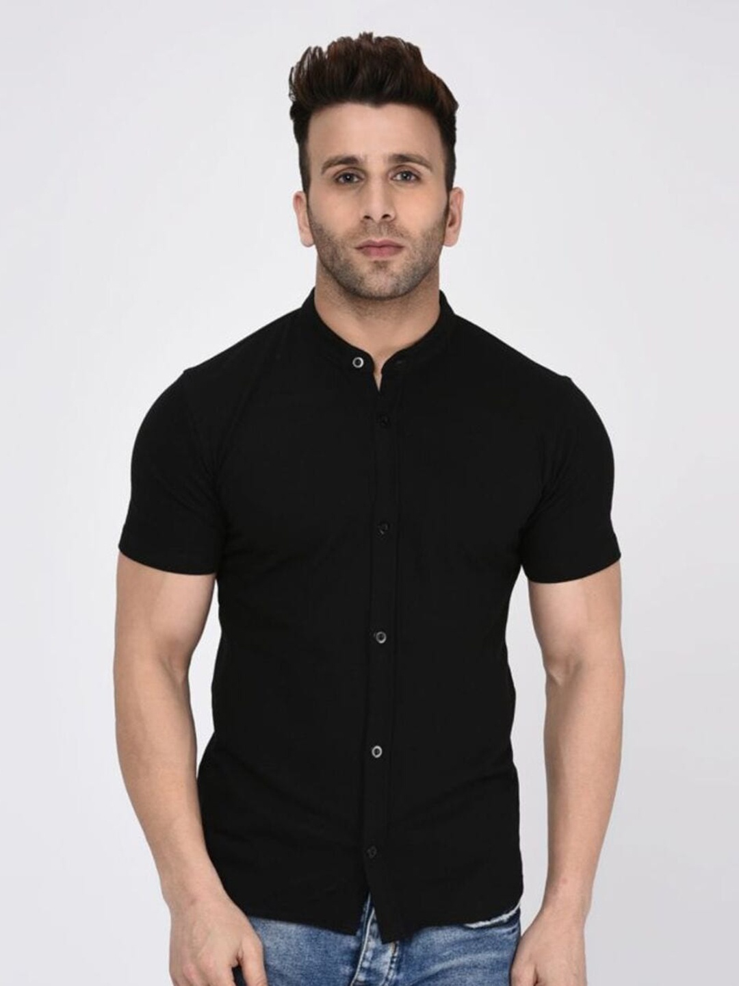 

WILD WEST Mandarin Collar Half Sleeve Comfort Casual Cotton Shirt, Black