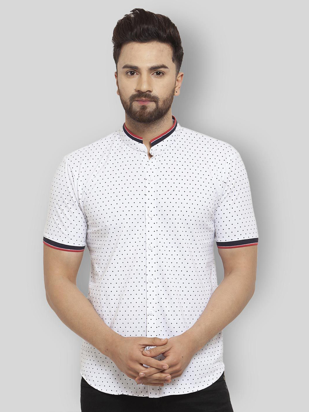 

WILD WEST Mandarin Collar Comfort Opaque Printed Casual Shirt, White