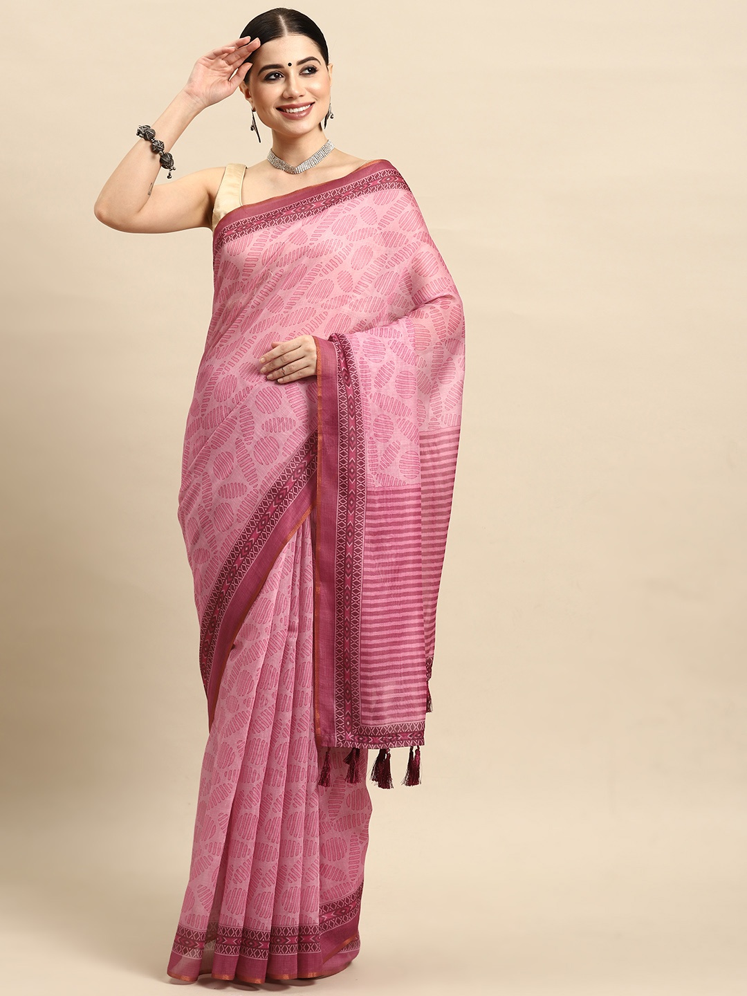 

Silk Land Ethnic Motifs Block Print Saree, Pink