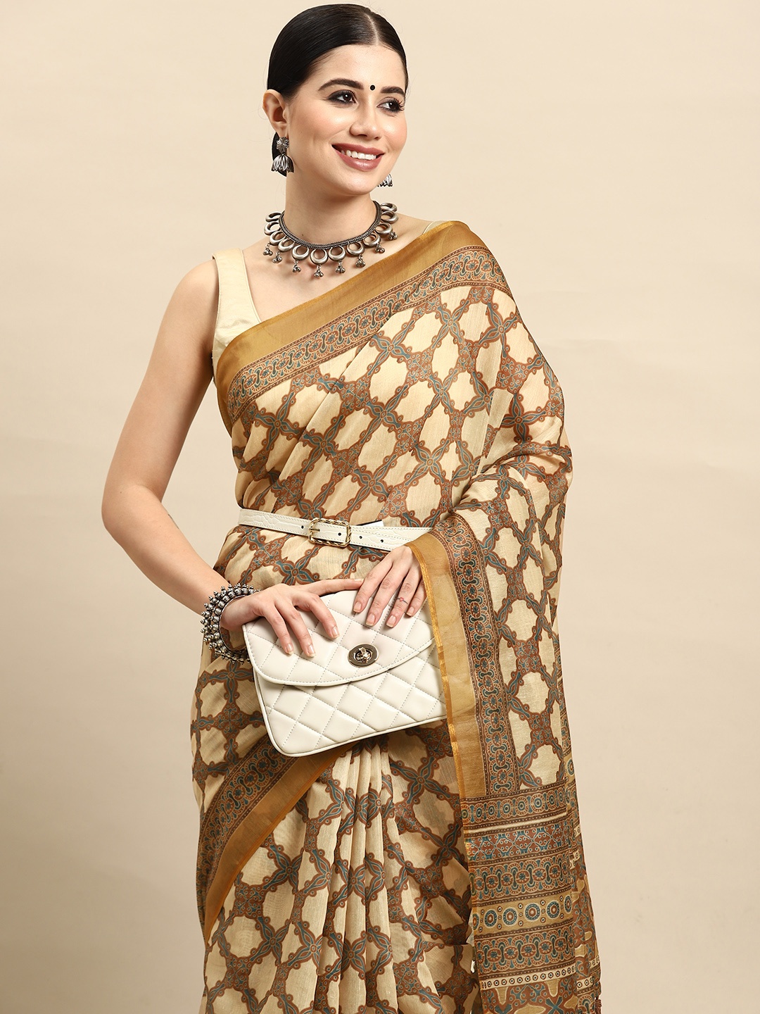 

Silk Land Ethnic Motifs Block Print Saree, Brown