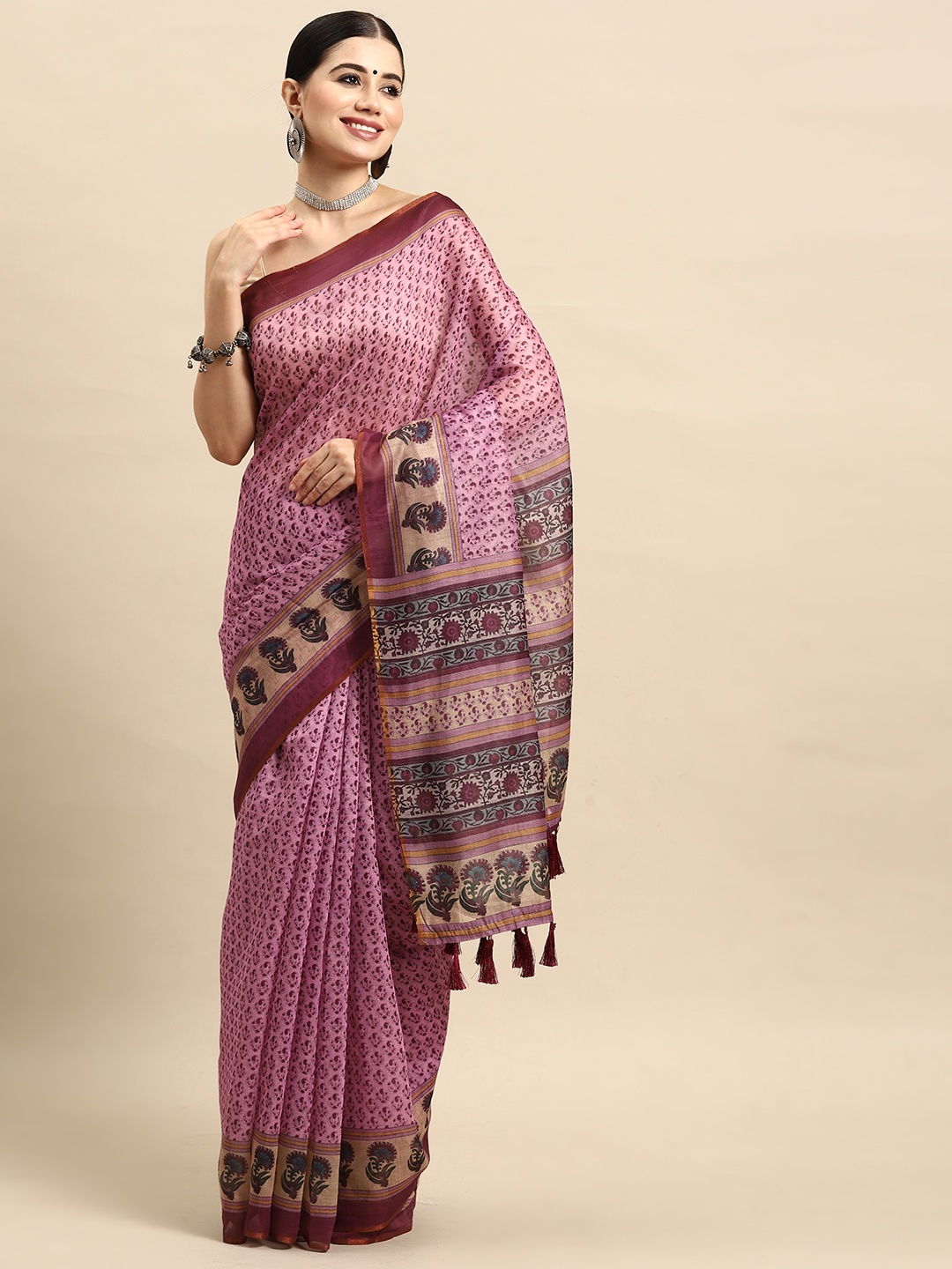 

Silk Land Ethnic Motifs Printed Zari Block Print Saree, Pink